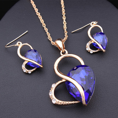 New Jewelry 18K Gold Rhinestone Austria Crystal Heart Water Drop Necklace + Dangle Earrings Jewelry Sets 