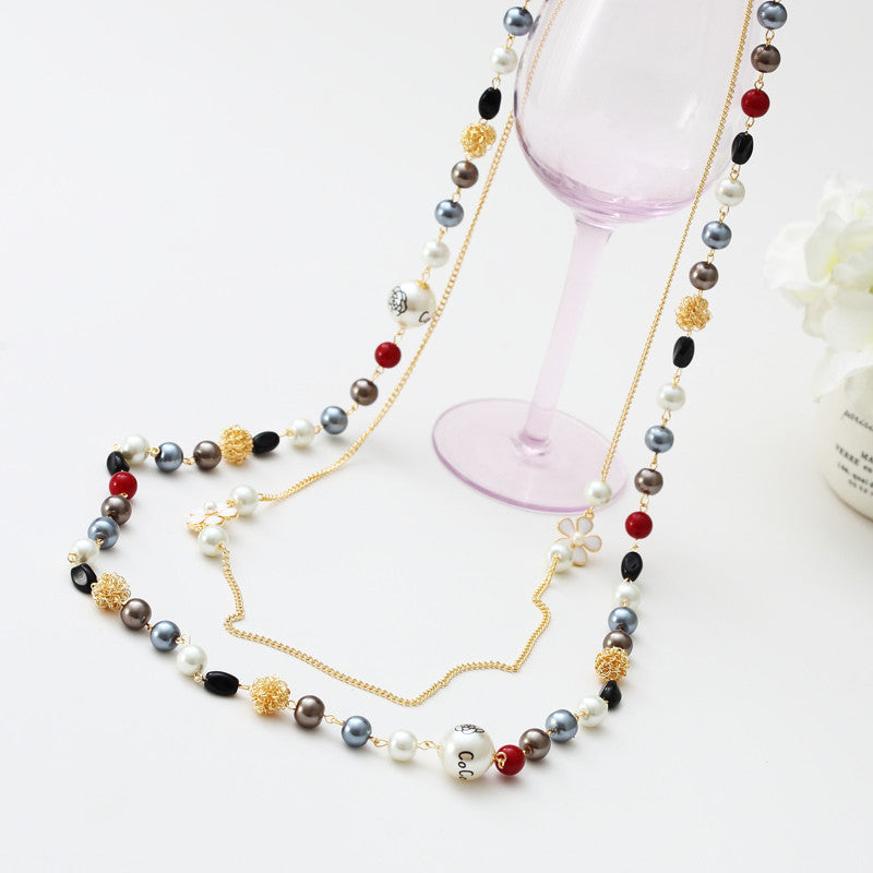 New Koran Style Colorful Beads Fashion Simulated Pearl Jewelry Long Flower Necklace For Women Sweater Chain