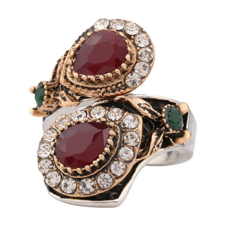 New Luxury Ruby Jewelry Vintage Turquoise Ring For Women Plating Silver And Gold Mosaic Oval Resin Party Anel