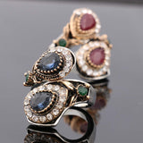 New Luxury Ruby Jewelry Vintage Turquoise Ring For Women Plating Silver And Gold Mosaic Oval Resin Party Anel