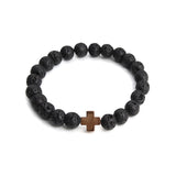 New Natural Black Lava Stone Beads Bracelet Fashion Men Hematite Beaded Cross Charm Bracelets Yoga Jewelry 