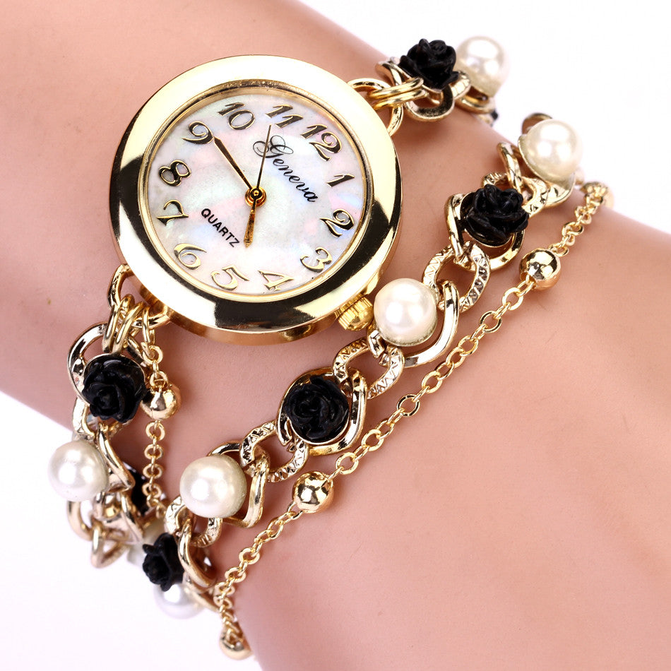 New Style Rose Pearl Chain Geneva Bracelet Wristwatch Women Dress Watch Brand Watches Chain Crystal Watch