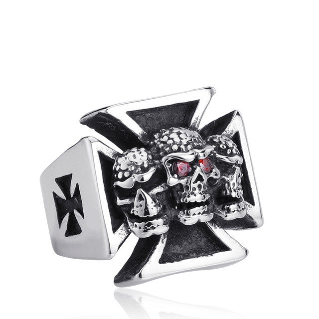 New Three Skull Iron Cross Ring For Men Red Stone Stainless Steel Men's Punk Rock Jewelry