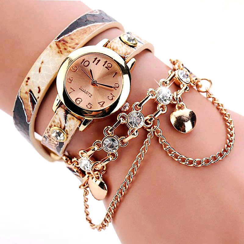 New Women Dress Watches Quartz Wrist Watch Snake Leather Bracelet Gold Watches Luxury Drill Women Top Brand