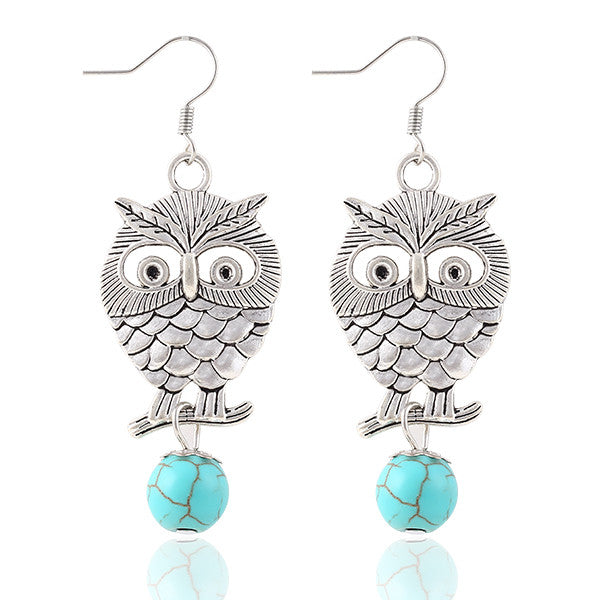 New hot sale Fashion White Silver Plated Pierced Flower Metal Owl Turquoise Pendants drop earrings jewelry for women
