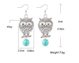 New hot sale Fashion White Silver Plated Pierced Flower Metal Owl Turquoise Pendants drop earrings jewelry for women