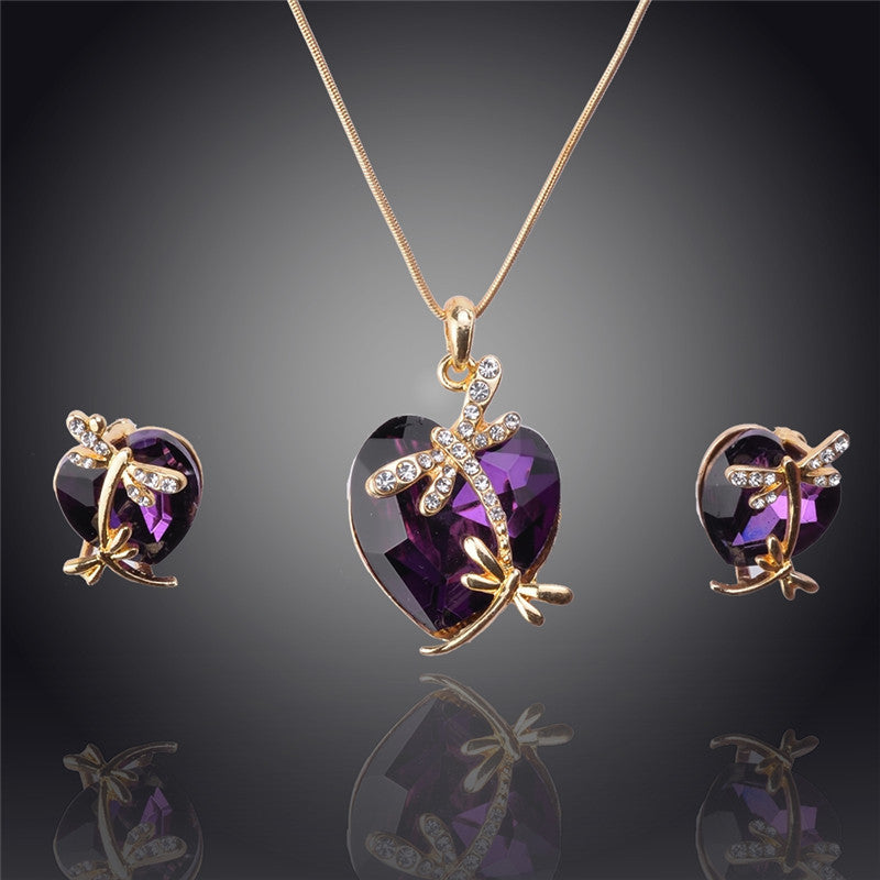 Newly Women 14k Gold Filled Austrian Crystal Animal Pendant Four colors Necklace Earrings Party New Jewelry sets