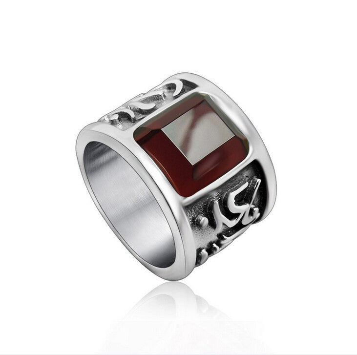 Om Mani Padme Hum Mens Red Ruby Gem Ring Wide Titanium Steel Rings For Men Religious Man Jewelry Accessories Best Friends Anel