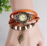 Leather strap leaf casual women vintage watch stainless steel analog round dial bracelet wristwatch quartz watch