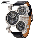 Oulm Mens Watches Top Brand Luxury Famous Tag Men's Military Wrist Watch 3 Time Zone Male Clock Leather Quartz Watch Man