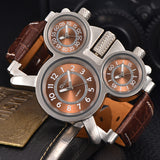 Oulm Mens Watches Top Brand Luxury Famous Tag Men's Military Wrist Watch 3 Time Zone Male Clock Leather Quartz Watch Man