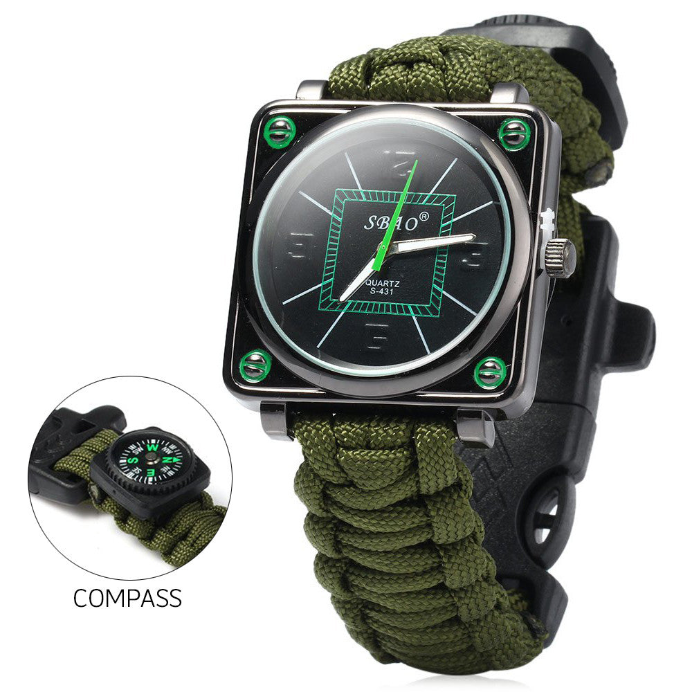 Outdoor Sport Men Watch Survival Gear Escape Cord Emergency Survival Bracelet Wristwatch Rope Flint Whistle Scraper Buckle