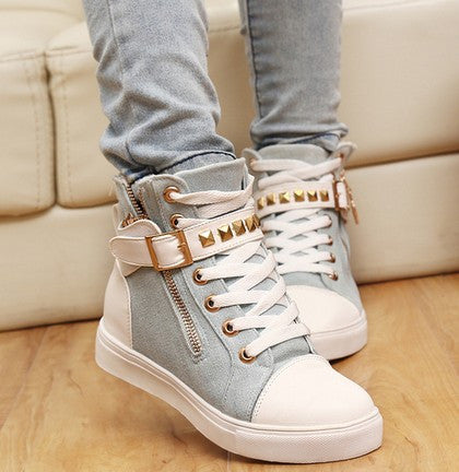 New spring shoes women rivets canvas shoes +PU surface fashion belt buckle high running shoes for leisure sneakers