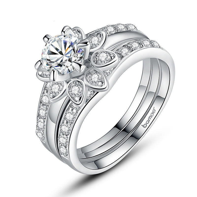 Platinum Plated Couple Flower Ring Bridal Set for Women with AAA Cubic Zircon Surround Jewelry