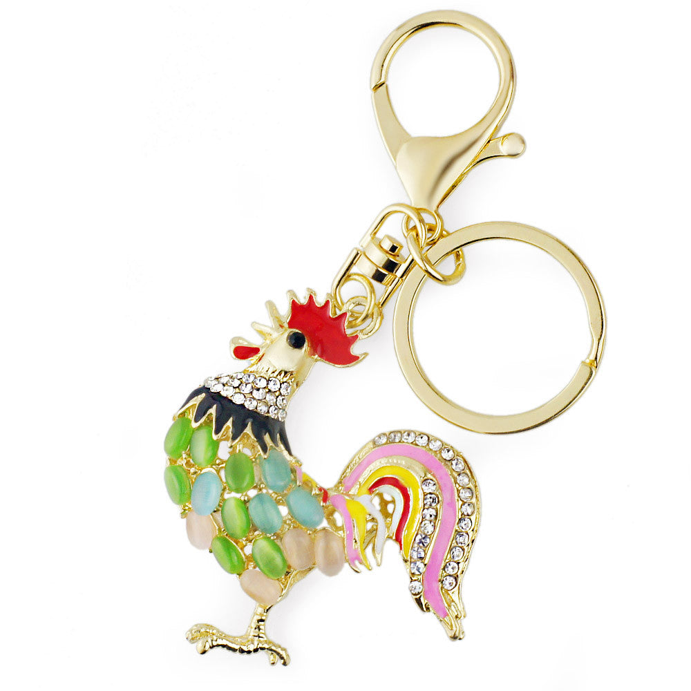 Pretty Chic Opals Cock Rooster Chicken Crystal HandBag Pendant Key ring Keychains Christmas Gift Jewelry