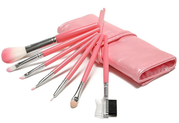 Professional High Quality 7 Makeup Brush Set in Sleek Pink Golden Leather-Like Case Portable Make up Brushes