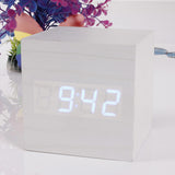 Cube LED Alarm Clock Temperature Sounds Control display electronic desktop Digital Wooden table clocks