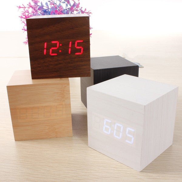 Cube LED Alarm Clock Temperature Sounds Control display electronic desktop Digital Wooden table clocks