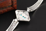 Pulsera Classic Turquoise Stone Geometric Bracelet Tibetan Silver Flower Alloy Metal Carved Charm Chain Bracelets Women