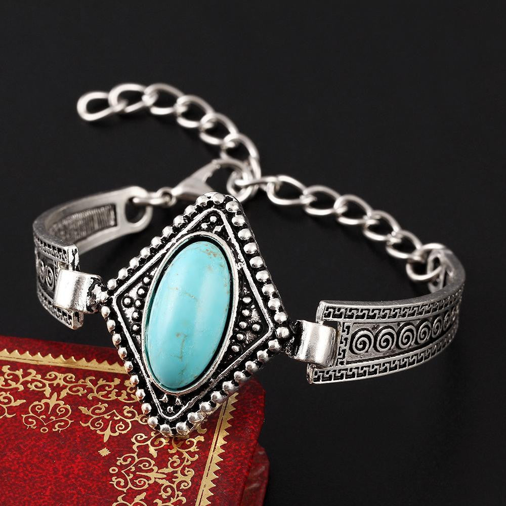 Pulsera Classic Turquoise Stone Geometric Bracelet Tibetan Silver Flower Alloy Metal Carved Charm Chain Bracelets Women