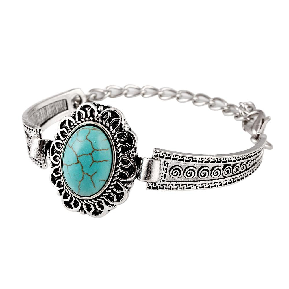 Pulsera Vintage Oval Turquoise Stone Bracelet Silver Plated Flower Alloy Metal Carved Charm Link Chain Bracelets Accessory
