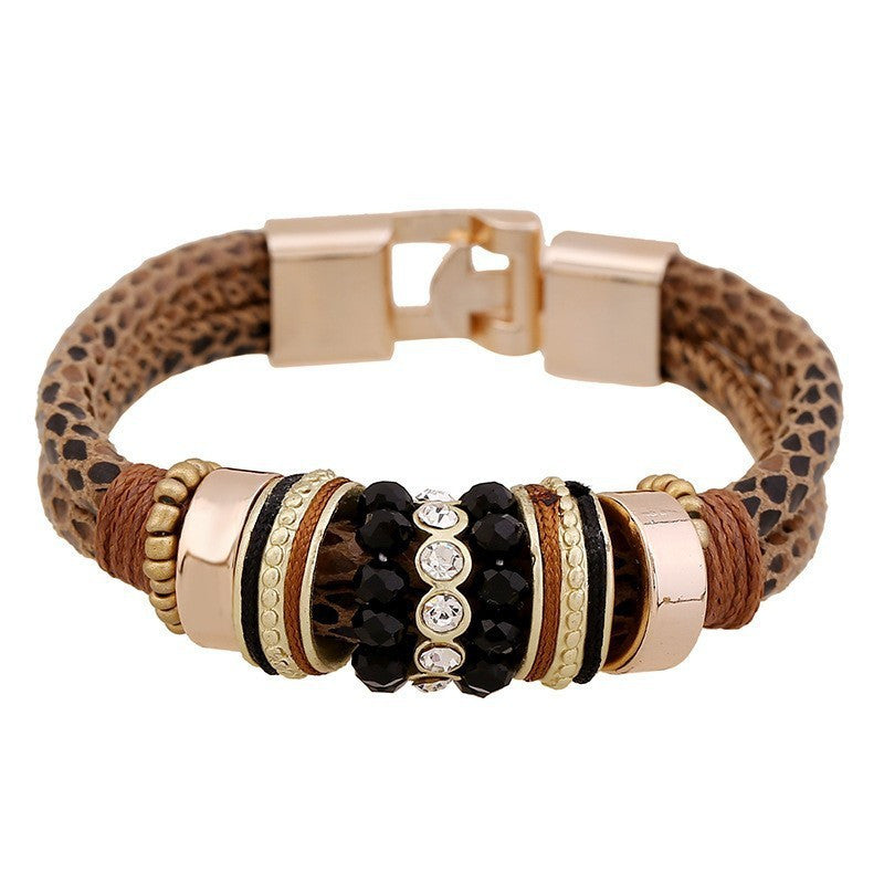 Punk Fashion Leopard Snake Leather Bracelet for Women Men Gold Magnet Buckle with Crystal Beads Circle Bracelets Bangles bijoux