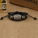 Punk Men's Braided Leather Chain Strap Cuff Bracelet Antique Silver Plated Tattoo Circle Bead Charm Bracelet Vintage Rope Bangle
