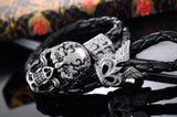 Punk Rock Men's Bracelet Stainless Steel skeleton Skull Biker Bracelet Bangle Black Leather Bracelet Braided Rope Double Layers