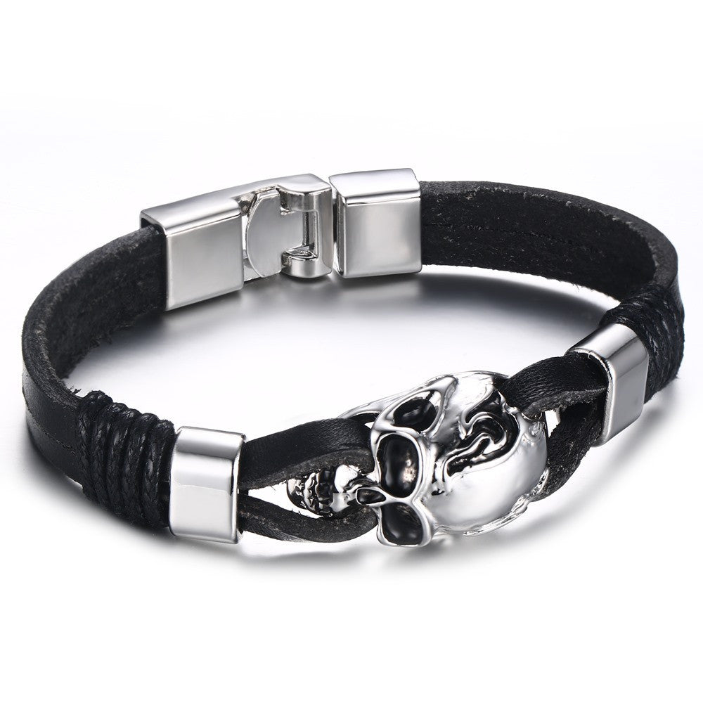 Punk Rock Mens Black Durable Leather Bracelets Gothic Skull Cuff Bangle Stainless Steel Skeleton Pulseiras Masculinas