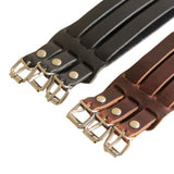 Punk Rock New 2 Layer Belt Men Genuine Cow Leather Bracelet 3 Buckle Wristband Cuff Bangle