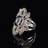 Punk Rock Ring Jewelry Silver Restoring Ancient Ways Black Agate Stones Hollow Out Female Personality Hipster Index Finger Rings