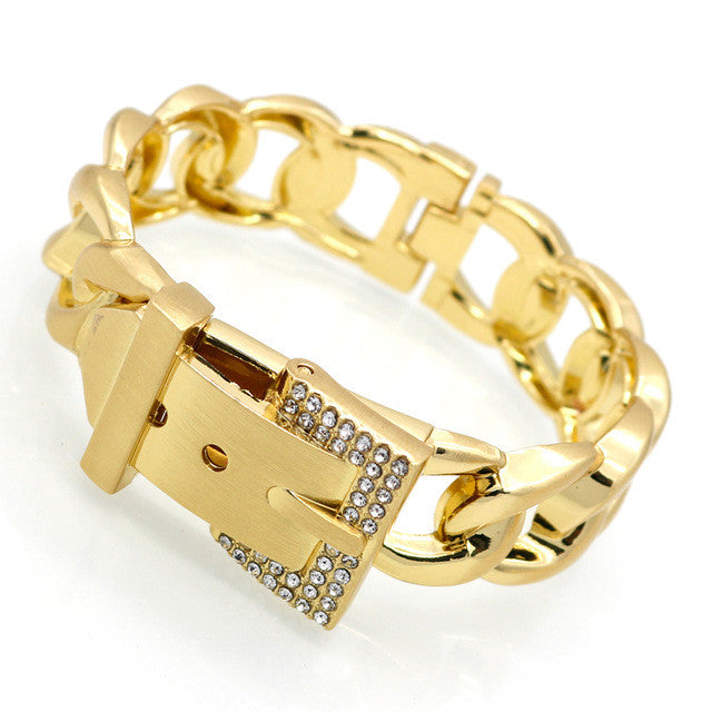 Women Jewelry Smooth Simply Girl Bracelet 18K Gold Plated 18mm Wide Bracelet Crystal Paved Clasps Belt Buckle