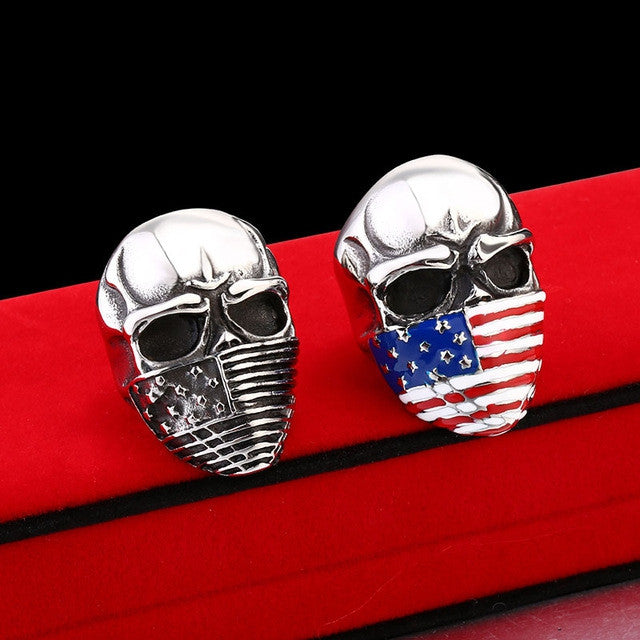 Punk American Flag Stainless Steel Skull Ring for Man Personality Biker Jewelry