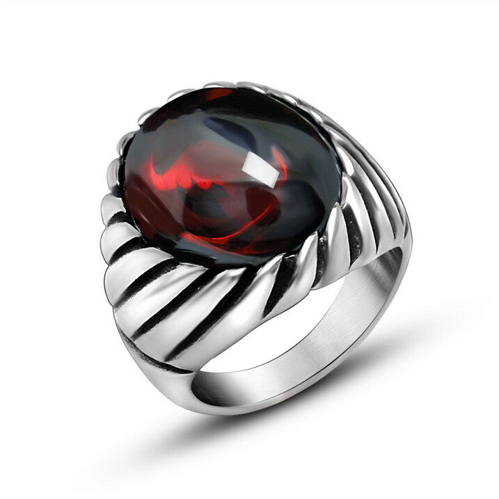 Punk Never Fade Stainless Steel Ruby Rings For Men Big Red Black Natural Stone Ring Men CZ Diamond Wedding Jewelry Anel