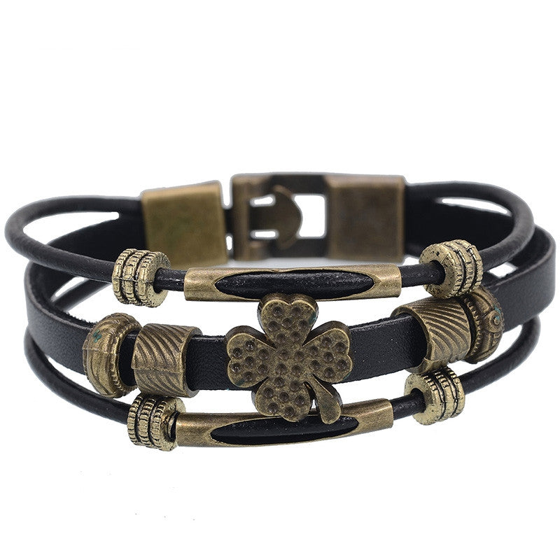 Punk Style Men's Bracelet Pulseras Wrap Braided Vintage PU Leather Clover Charm Bracelets & Bangles Wristband Men Jewelry
