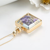 Purple Dried Flower Collares Glass Square Pendant Necklace Gold Color Long Chain Statement Necklace Women Fine Jewelry 