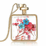 Purple Dried Flower Collares Glass Square Pendant Necklace Gold Color Long Chain Statement Necklace Women Fine Jewelry 
