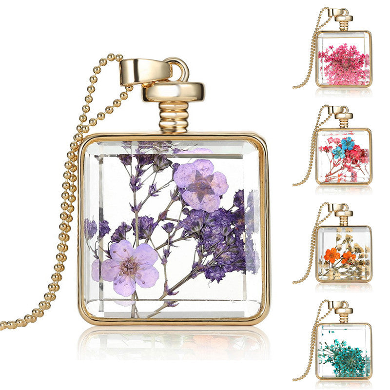 Purple Dried Flower Collares Glass Square Pendant Necklace Gold Color Long Chain Statement Necklace Women Fine Jewelry