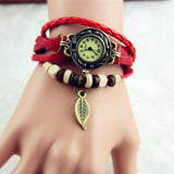 New Arrivals Genuine Leather Hand Knit Vintage Watches,bracelet Wristwatches Leaf Pendant