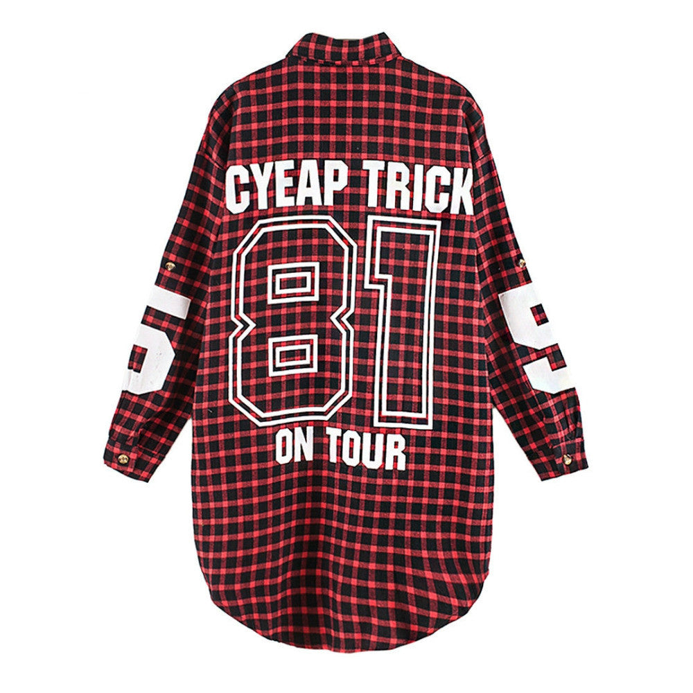 Red Women Boyfriend BF Style Monogrammed Plaid Long Sleeves Long Oversized Loose Shirt W/ Back Letter and Numbers Print