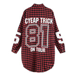 Red Women Boyfriend BF Style Monogrammed Plaid Long Sleeves Long Oversized Loose Shirt W/ Back Letter and Numbers Print