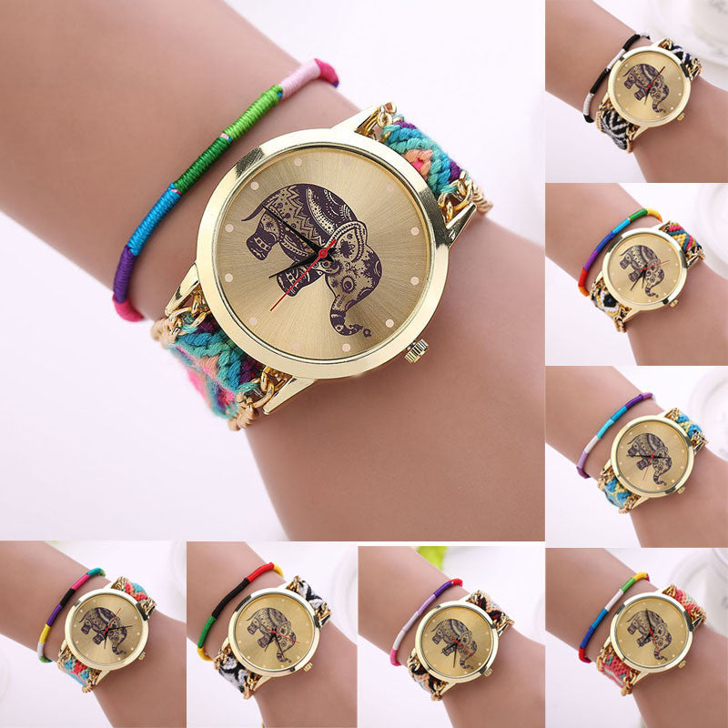 Fashion Women Girl Handmade Weaved Braided Elephant Bracelet Dial Quarzt Watch