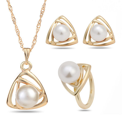 Classical Wedding Gold Platinum Plated Pearl Jewelry Set Triangle Geometric Jewelry Sets,Pendant Necklace/Earrings/Ring