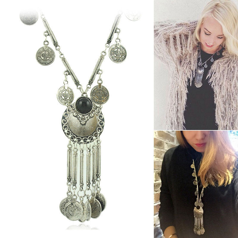 Retro Antique Silver Color Tibetan style Long Coins Boho Necklace Tassel Pendant Necklace for women Jewelry