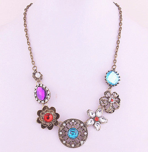 Retro Vintage New Style Gorgeous Austria Turquoise Crystal Flowers Bib Statement Necklace