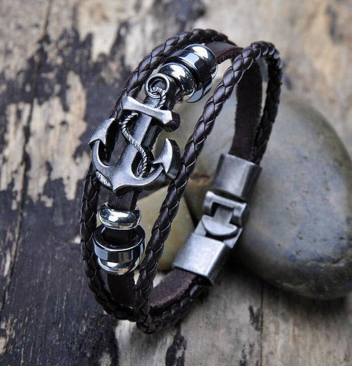 Retro anchor Leather Woven Charm Bracelet Jewelry Men Vintage Braided Bangles Male Pulseiras Masculinos Gift