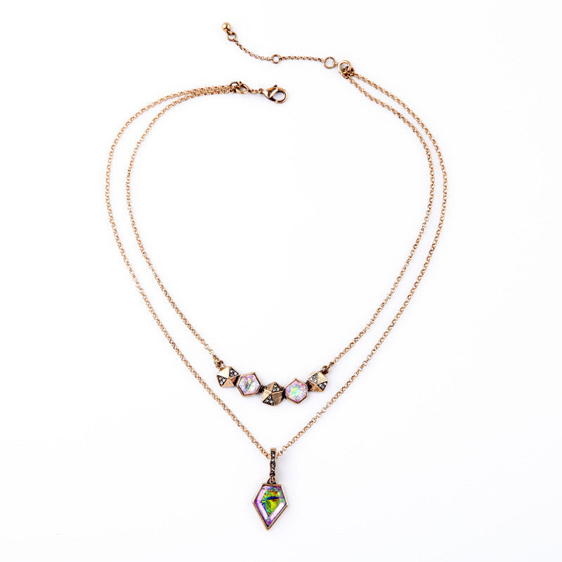 Retro Rhombus Multicolor Imitation Gems Concise Style Female Pendant Necklace