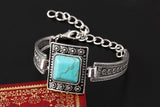 Retro Square Turquoise Cuff Bracelets Vintage Geometric Carved Tibetan Silver Bracelet Alloy pulsera brazalete Accessory
