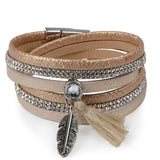 Rhinestone Feather Wide Multilayer Leather Bracelet Magnetic Tassel Bracelet Women Wrap Charm Boho Bohemian Bracelets Bangle