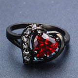 Romantic Big Heart Ring Crystal Black Gold Filled Cubic Zircon Red Stone Ring Wedding Engagement Jewelry